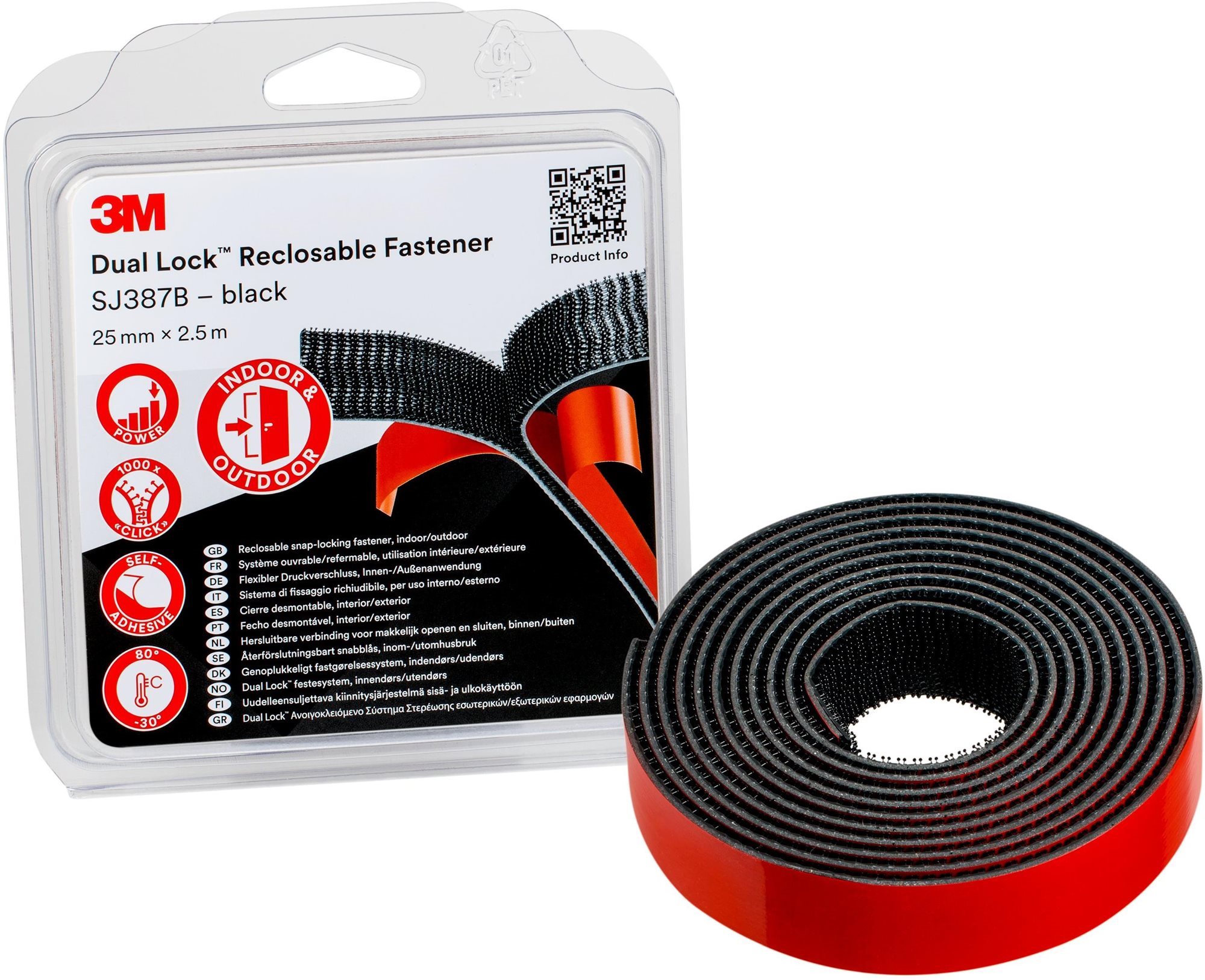 3M™ Dual-Lock™ samolepiaci suchý zips SJ387B, čierny, 25 mm × 2,5 m v blistri