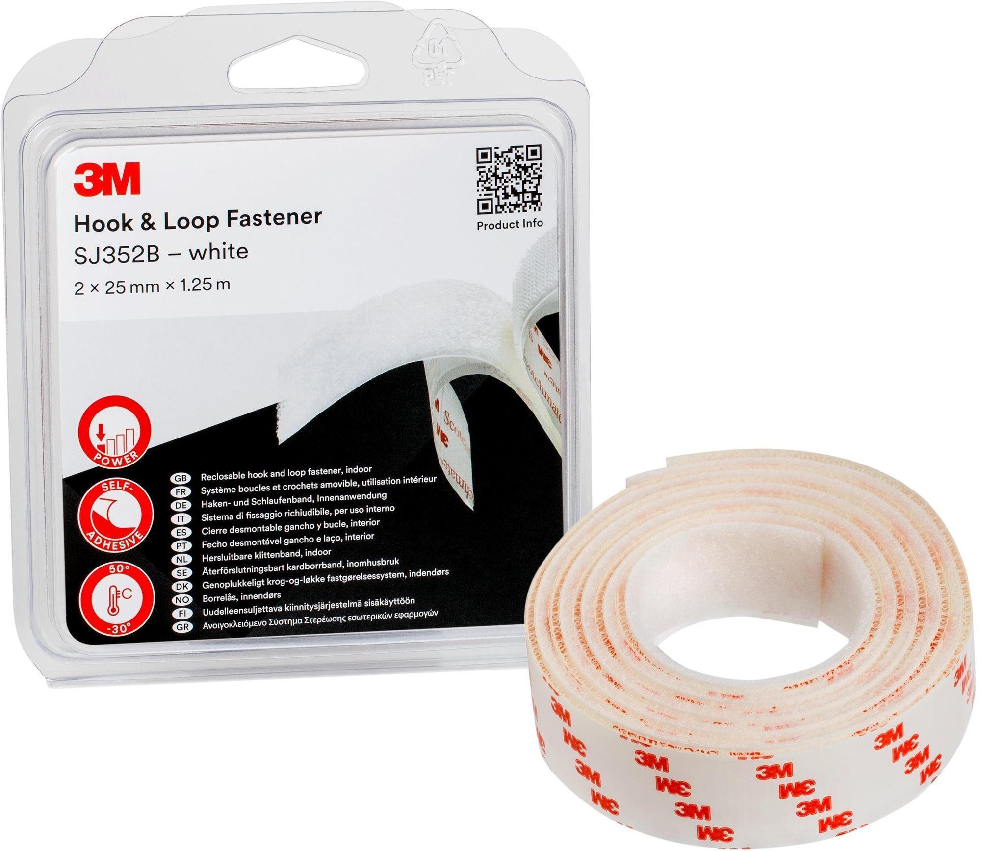 3M™ Hook & Loop™ háčiky a slučky SJ352BWT, biele, 2× 25 mm × 1,25 m v blistri