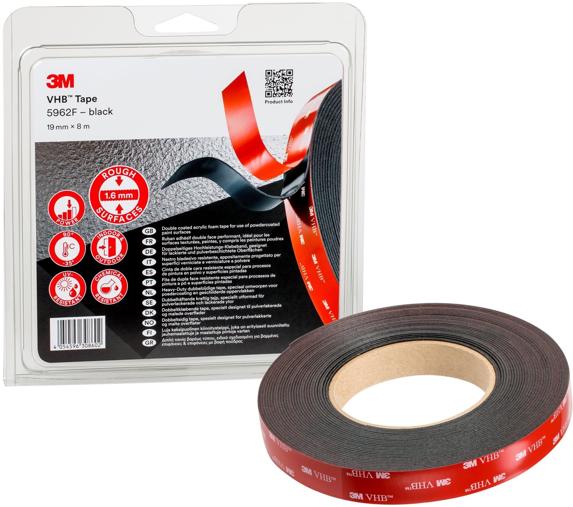 3M™ VHB™ obojstranne silne lepiaca akrylová páska 5962F, sivo-čierna, 19 mm × 8 m
