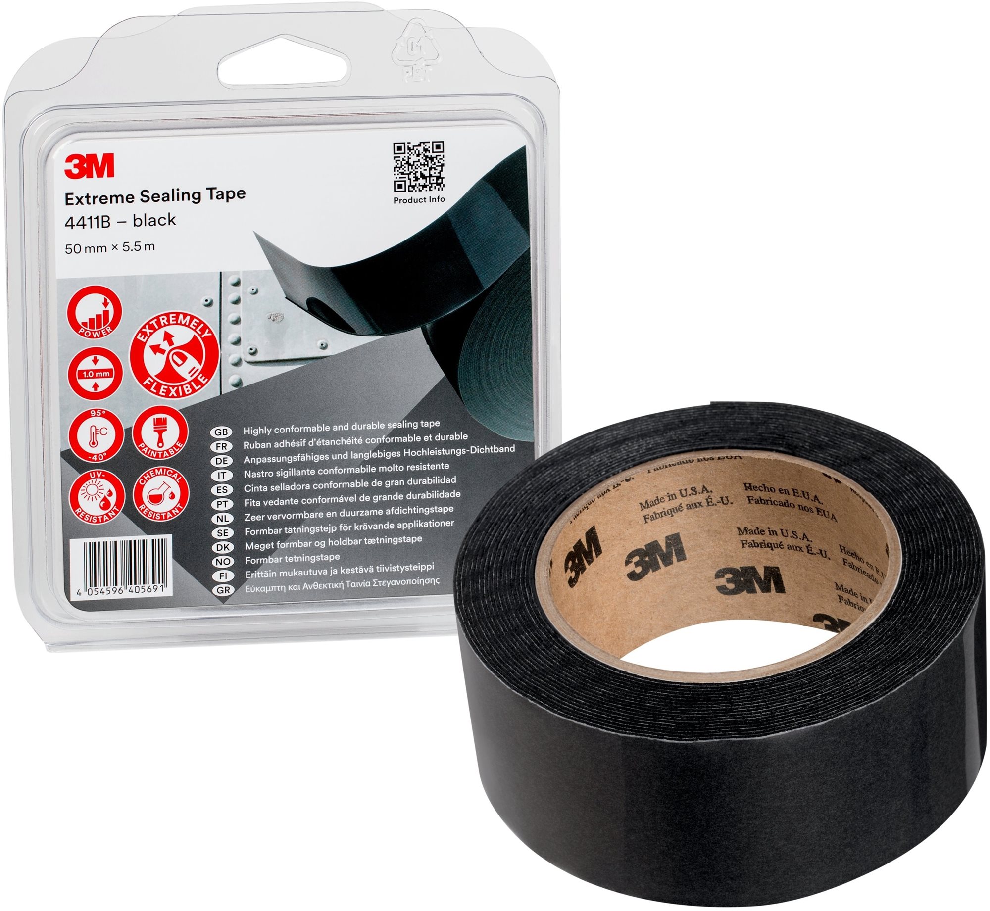 3M™ extrémne tesniaca páska 4411B, čierna, 50 mm × 5,5 m v blistri