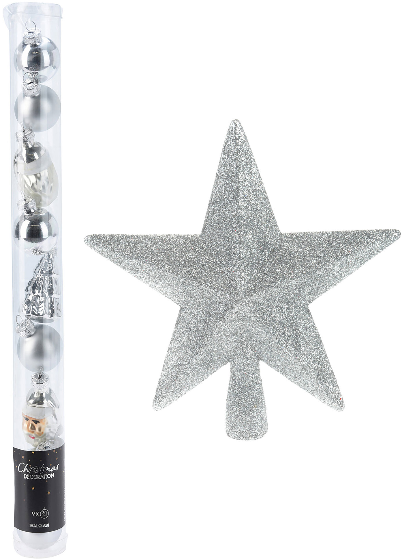 H & L Sada strieborná špička na vianočný stromček + sada ozdôb priemer 3 cm, 9 ks, strieborná