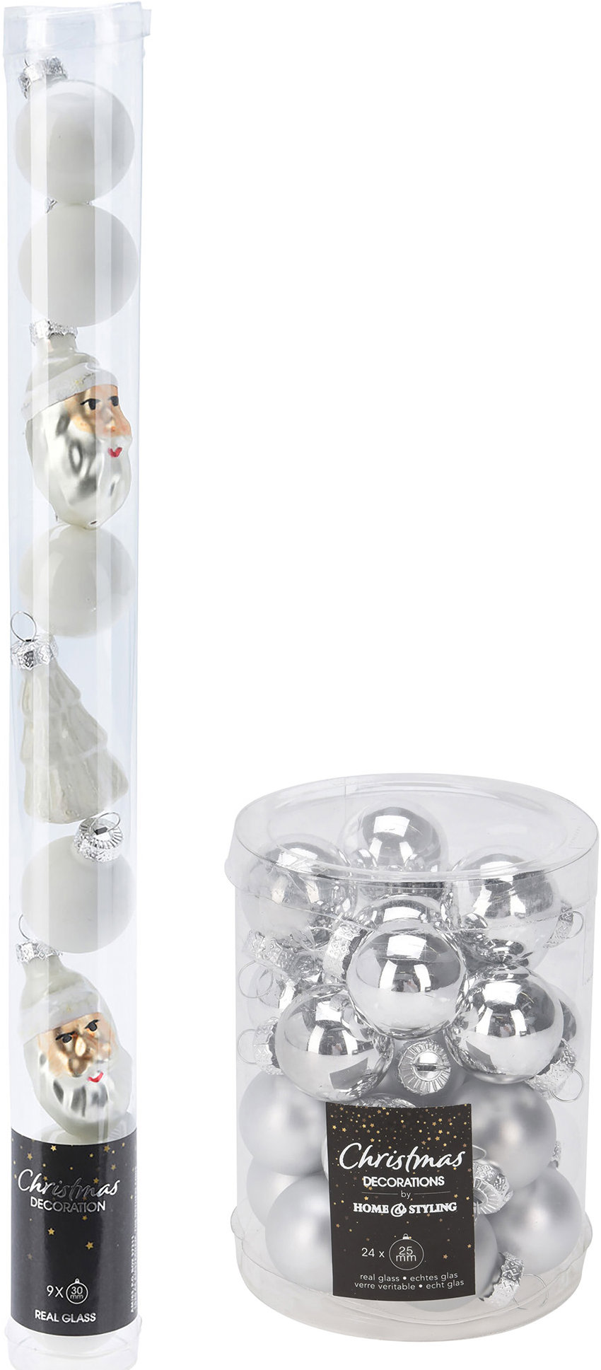 H & L Sada vianočných ozdôb priemer 3 cm, 9 ks, biely + sada ozdôb 24 ks, priemer 2,5 cm, strieborná