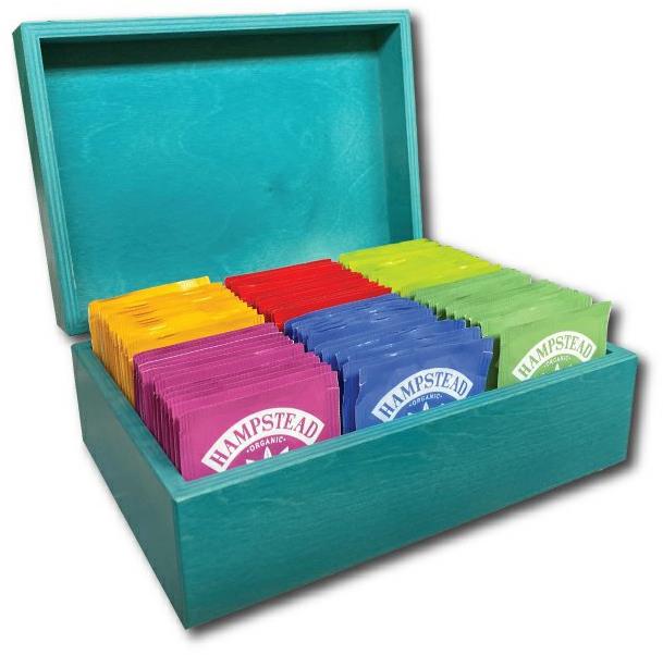 Hampstead Tea Mix vreckových BIO čajov 78 ks 6 druhov, petrolejová drevená kazeta