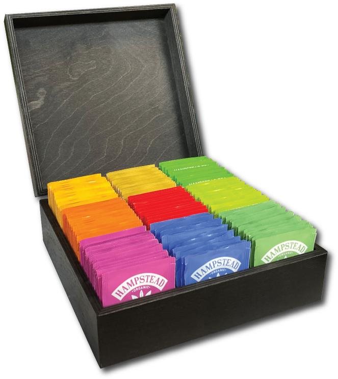 Hampstead Tea luxusná čierna drevená kazeta mix vrecúškových čajov 117 ks – 9 druhov