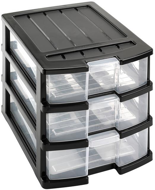 HEIDRUN Regál 34 × 25 × 23,5 cm s tromi zásuvkami, čierny, plast