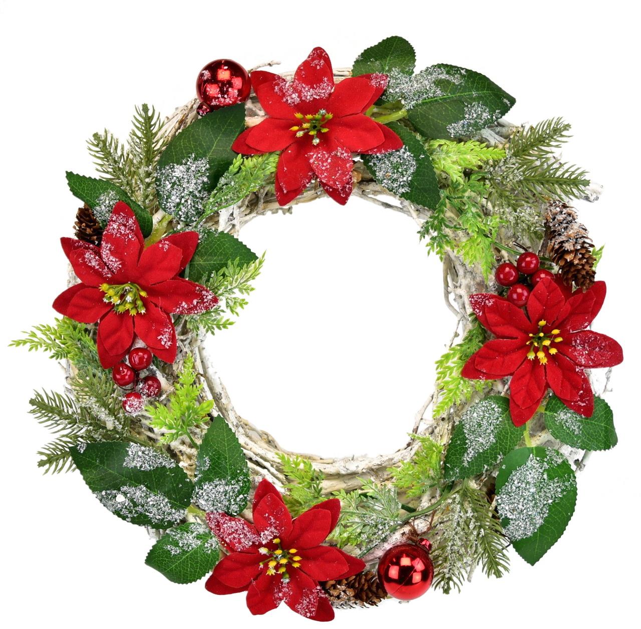 BerryHome Vianočný veniec – prútený s červenou poinsettiou, 30 cm