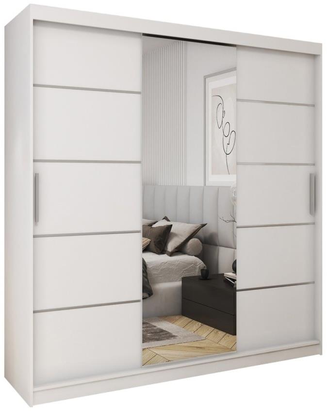 Nejlevnější nábytek Rebeca 200 so zrkadlom, 4 zásuvkami a 2 šatníkovými tyčami, biela mat