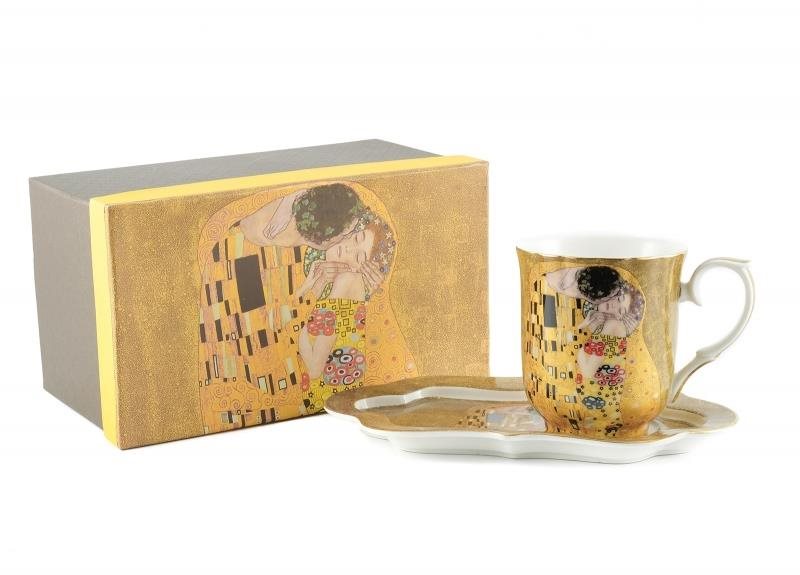 Home Elements porcelánový hrnček 360 ml, s podtáckou, Klimt, Pusa zlatý