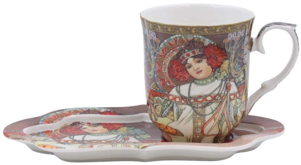 Home Elements porcelánový hrnček 360 ml, s podtáckou, Mucha Jeseň