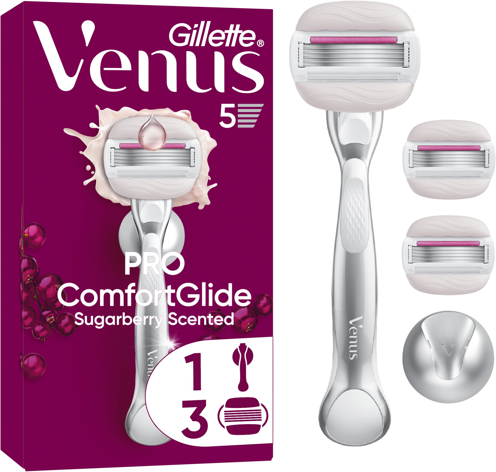GILLETTE Venus Pro ComfortGlide Sugarberry + hlavice 3 ks a nástenný držiačik