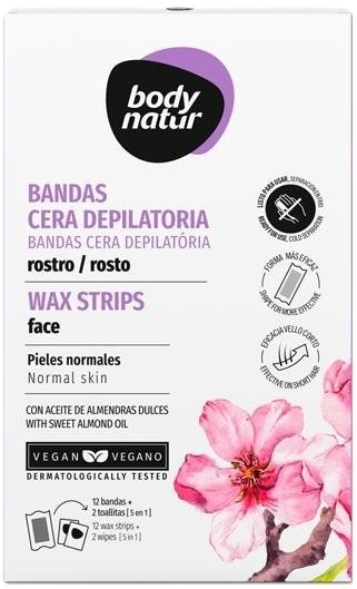 BODY NATUR Epilačné voskové pásiky na tvár s olejom zo sladkých mandlí, 12 pásikov