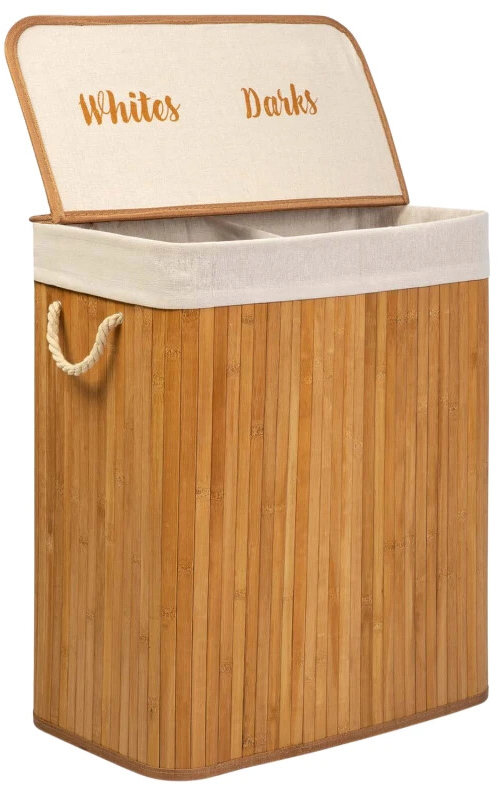 Massido 678100 Bambusový koš na prádlo s víkem, dvoukomorový, 100 l, hnědý