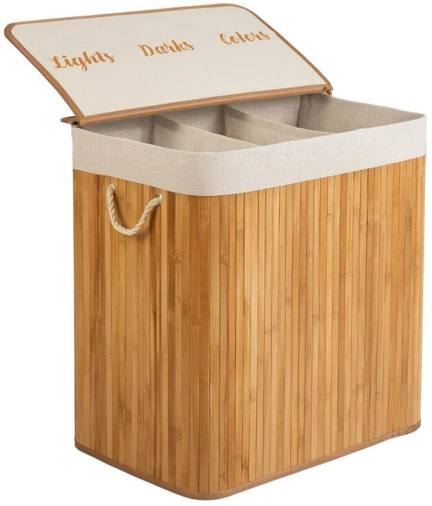Massido 678200 Bambusový koš na prádlo s víkem, tříkomorový, 150 l, hnědý