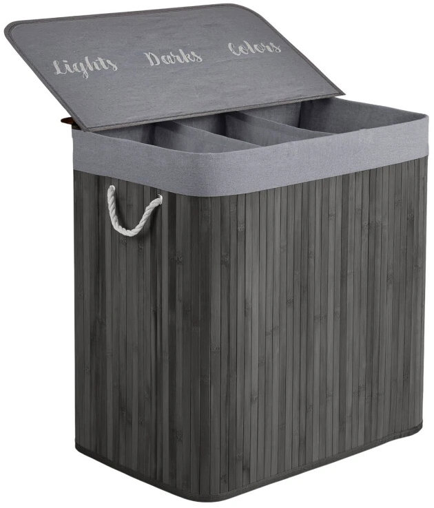 Massido 678202 Bambusový koš na prádlo s víkem, tříkomorový,150 l, světle šedý