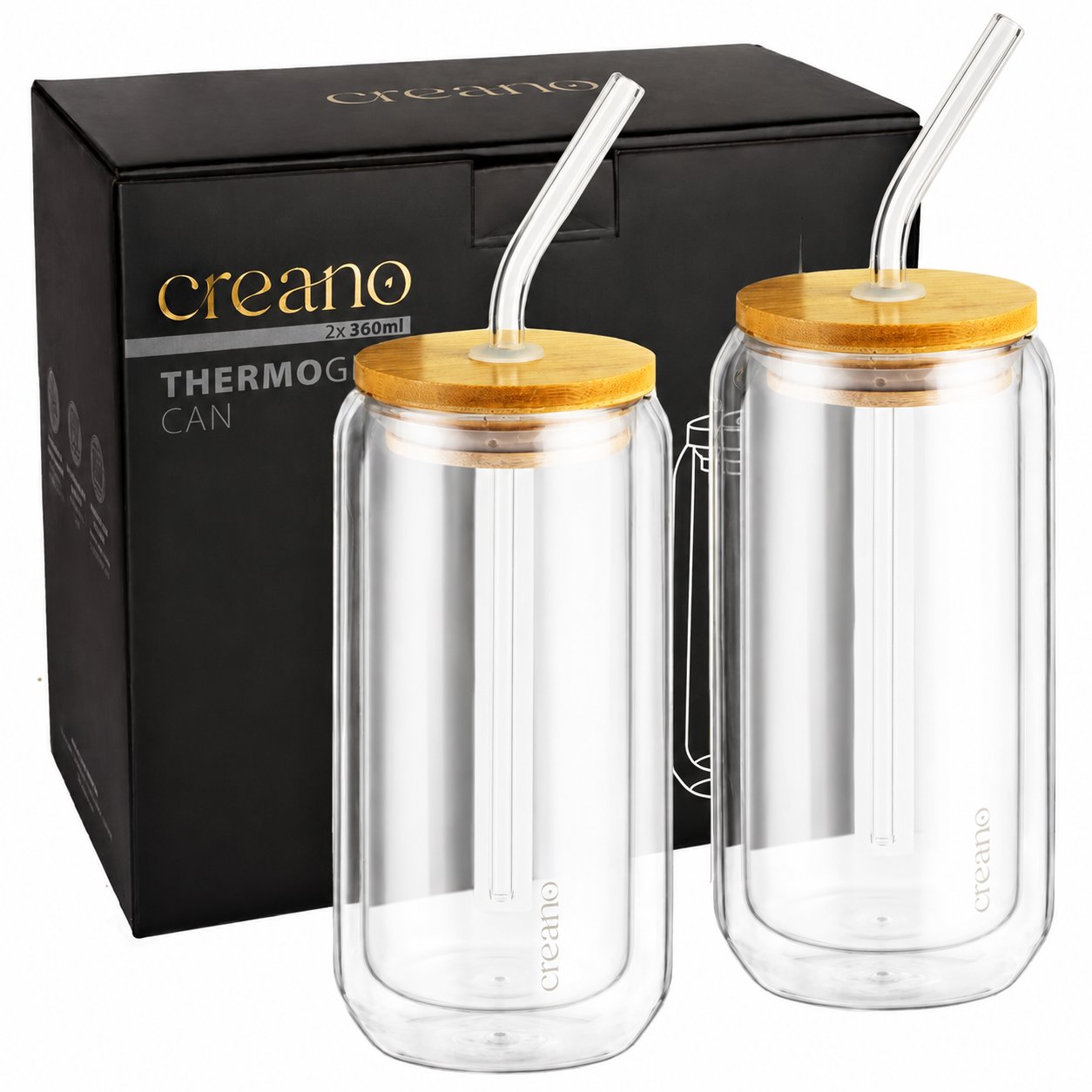Creano Set 2 ks designových termo sklenic s bambusovým víčkem a brčkem, 360 ml