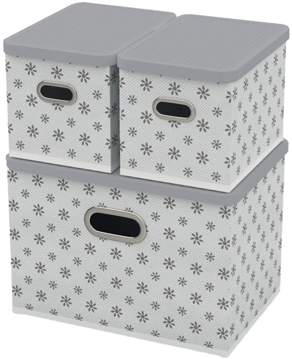 HomeLife Úložný box s vekom sada 3 ks – biely, kvietky