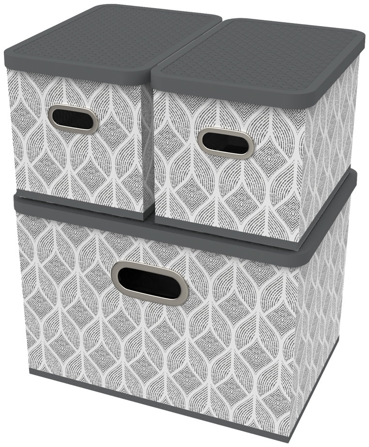 HomeLife Úložný box s vekom súprava 3 ks – list sivo-biely