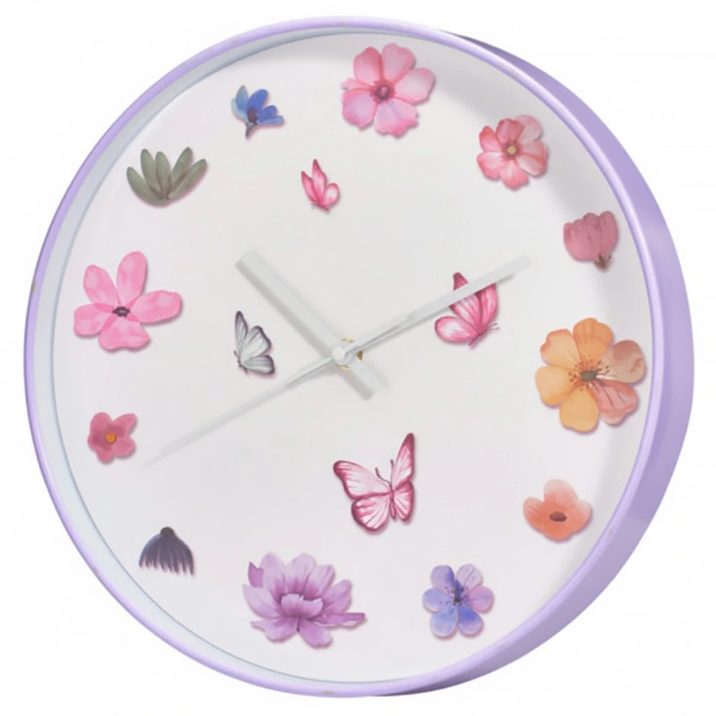 Home Styling Collection Nástěnné hodiny fialové s motivem květin, průměr 30 cm