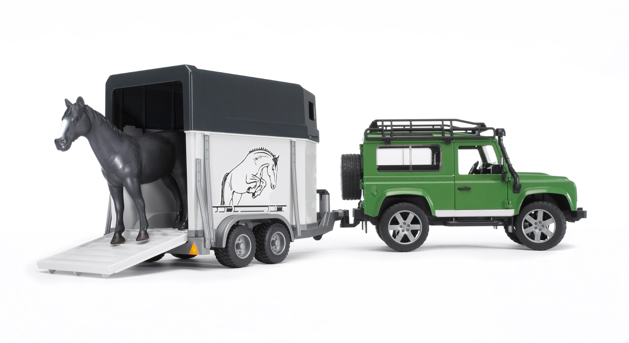 Bruder Land Rover s prívesom na prepravu koní vrátane 1 koňa