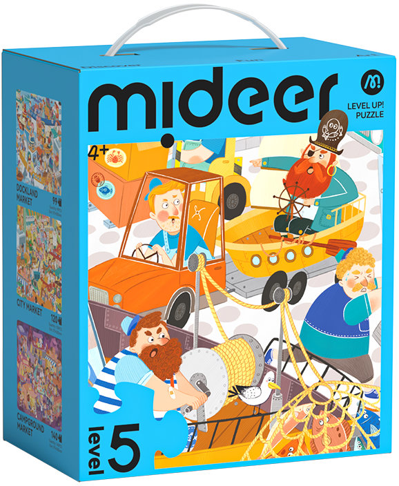 Mideer LEVEL UP! 05 - Na rušném trhu puzzle 3v1 (99, 120 a 140 dílků)