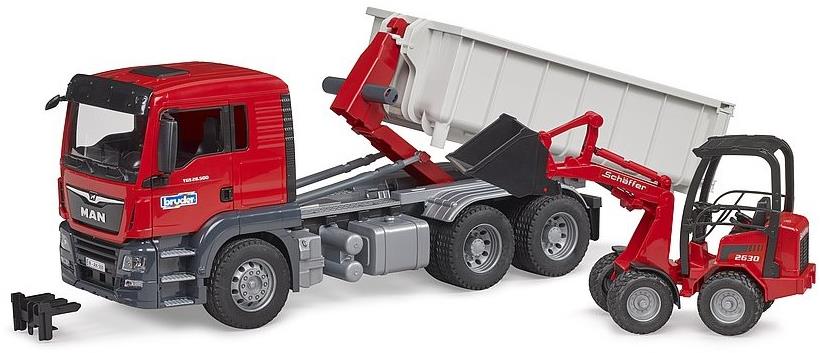 Bruder 3767 Nákladný automobil MAN TGS s rolovacím kontajnerom a Schäffer Hoflader 2630