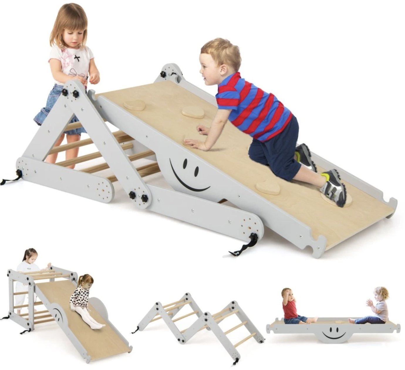 Costway Montessori polohovateľné Piklerovej trojuholníky s doskou na lezenie a hojdačkou Grey
