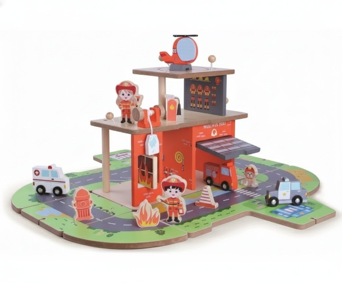 Derrson Drevená sada hasičská stanica a hasičské auto 2 v 1