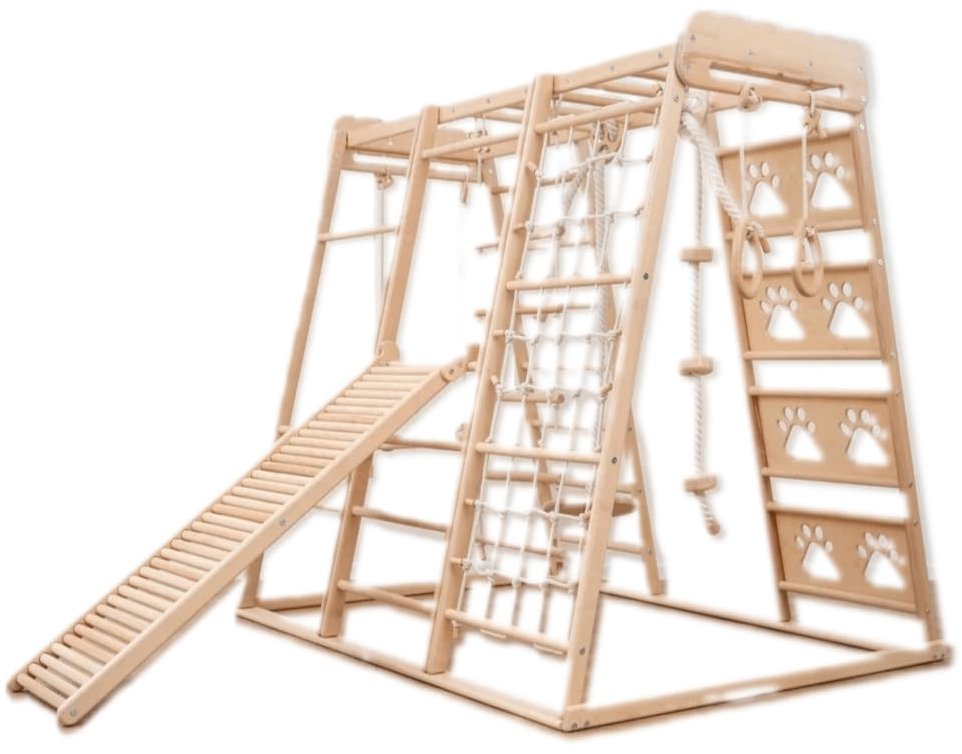 Piccolino Montessori ihrisko 6 v 1 natural s rampou, závesnými prvkami a matracom PREMIUM