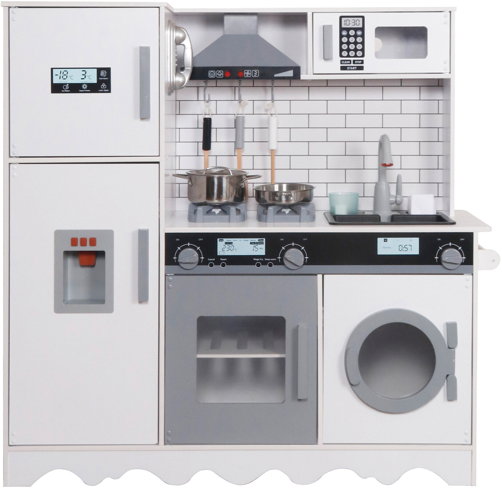 Aga4Kids Dřevěná kuchyňka Hedwig XXL s digestoří pračkou a realistickými efekty, bílo-šedá