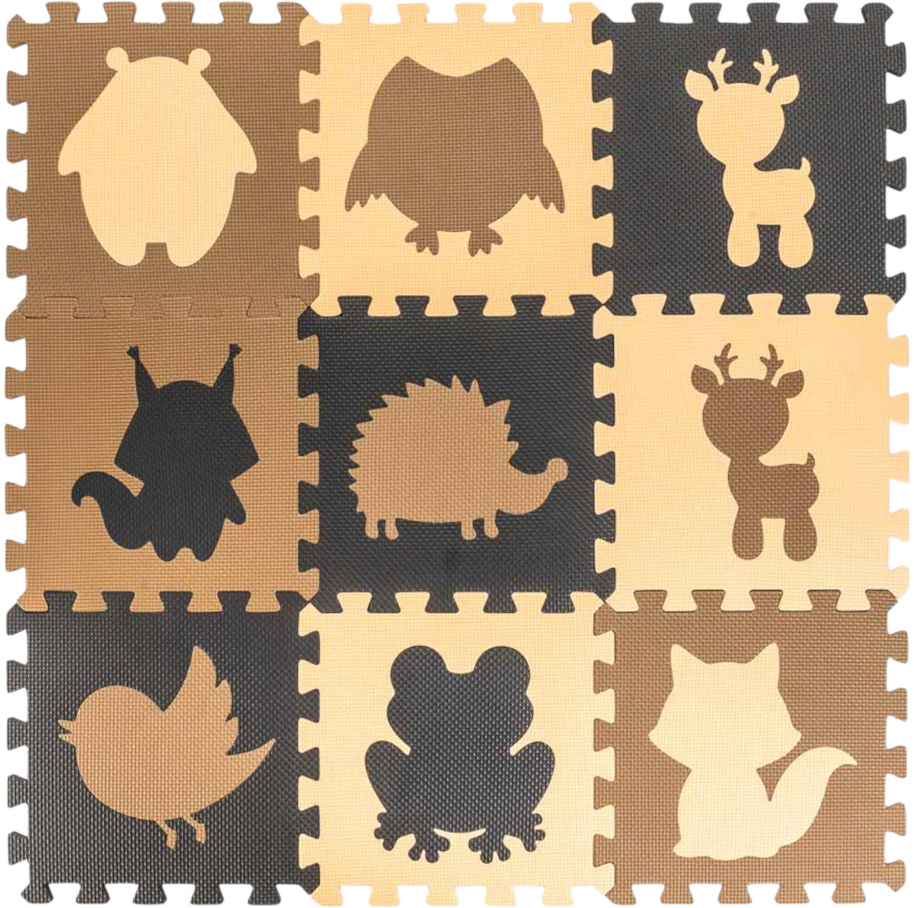 KIK Kontrastné penové puzzle 85 × 85 cm, 9 ks, hnedé, krémové