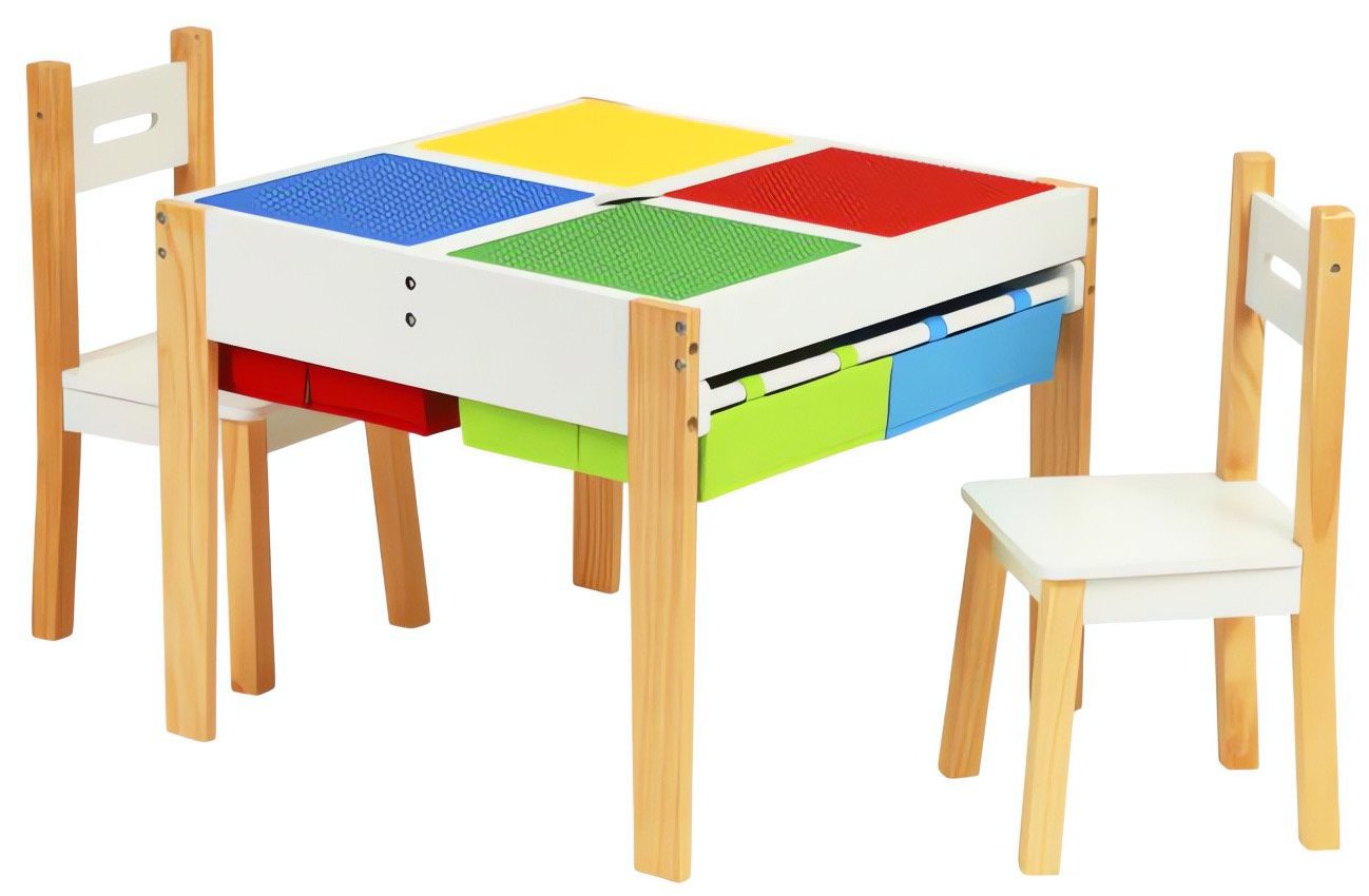 ECOTOYS XKF002 Dětská sada nábytku, stůl a 2 židle, s hrací deskou na stavebnici