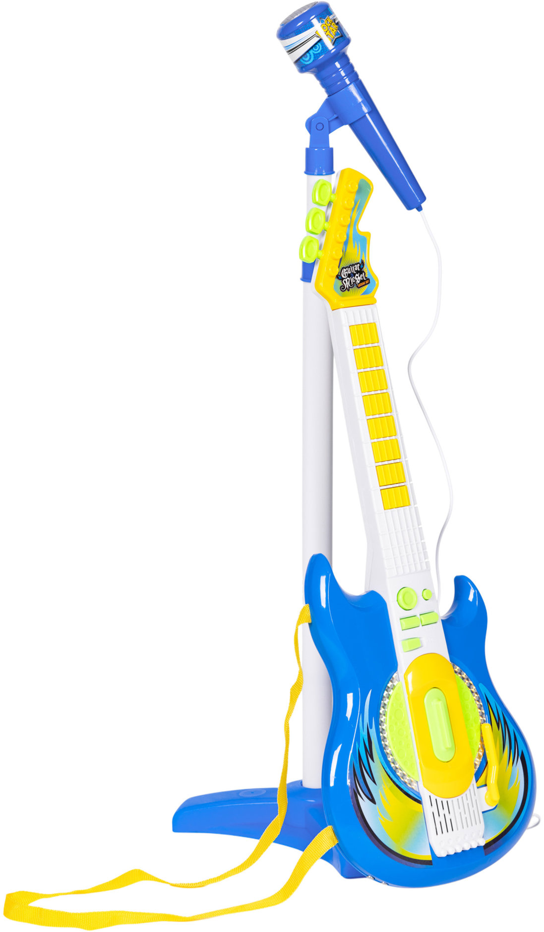 MULTISTORE Elektrická gitara s mikrofónom a stojanom pre deti, kompatibilná s MP3, modrá