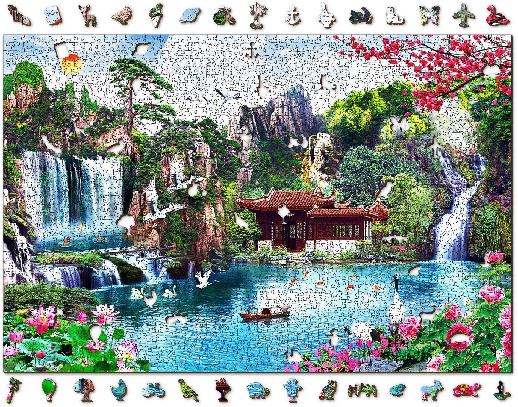 Woden City Drevené puzzle Vodopády v japonskej záhrade 2v1, 2000 dielikov eko