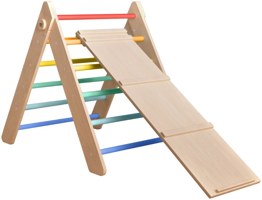 BusyKids Montessori Piklerové trojúhelník s prknem duhový