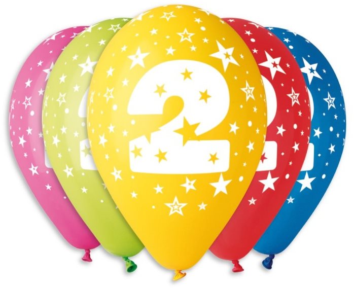 Nafukovacie balóniky, 30 cm, číslica „2" mix farieb, 5 ks