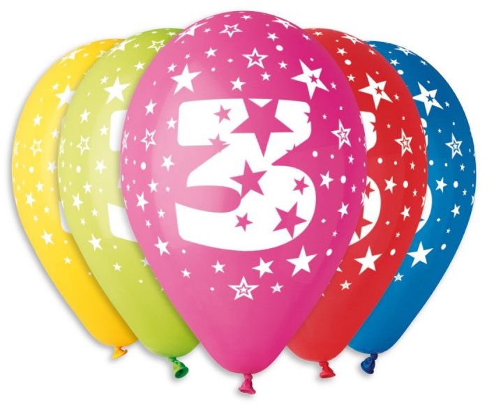 Nafukovacie balóniky, 30 cm, číslica „3" mix farieb, 5 ks