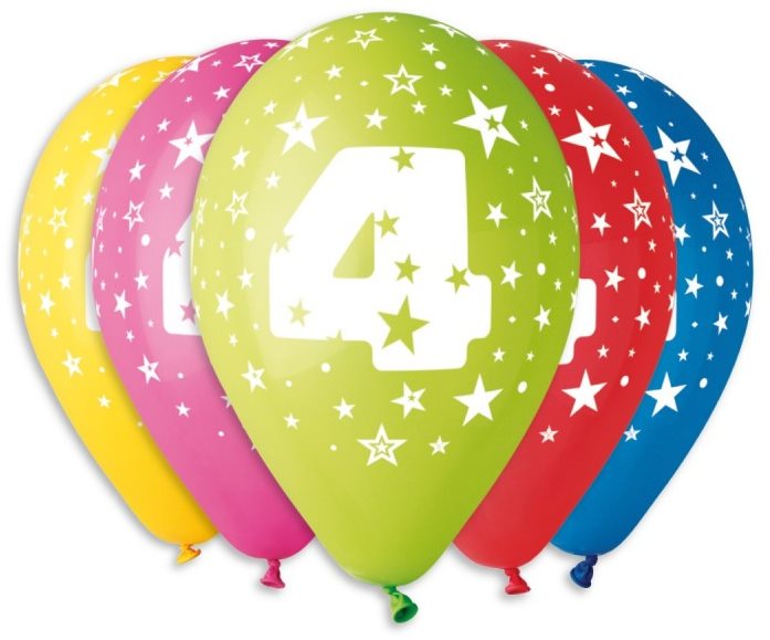 Nafukovacie balóniky, 30 cm, číslica „4" mix farieb, 5 ks