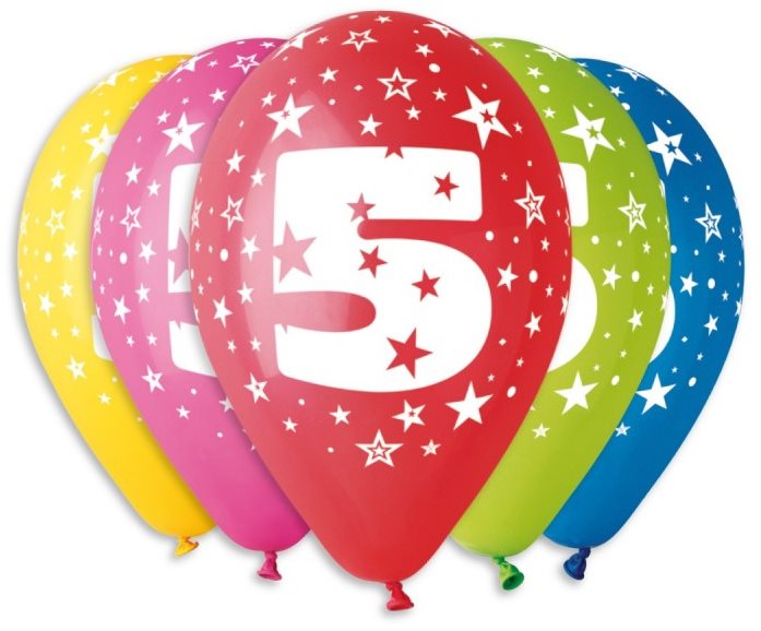 Nafukovacie balóniky, 30 cm, číslica „5" mix farieb, 5 ks