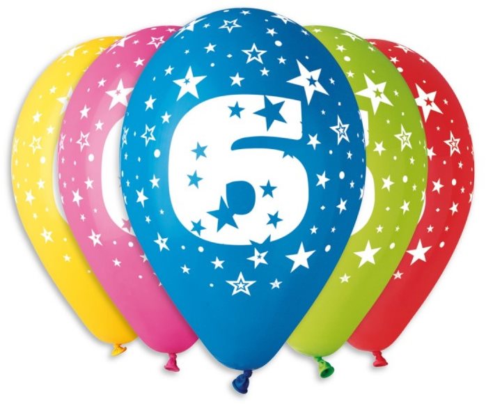 Nafukovacie balóniky, 30 cm, číslica „6" mix farieb, 5 ks