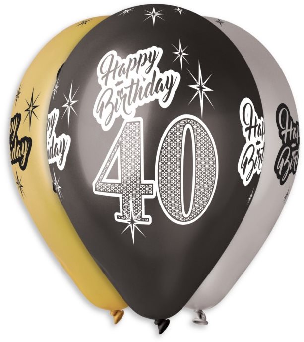 SMART BALLOONS Nafukovacie balóniky, 30 cm, Happy Birthday „40“, mix farieb, 5 ks