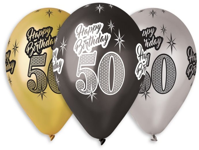 SMART BALLOONS Nafukovacie balóniky, 30 cm, Happy Birthday „50“, mix farieb, 5 ks