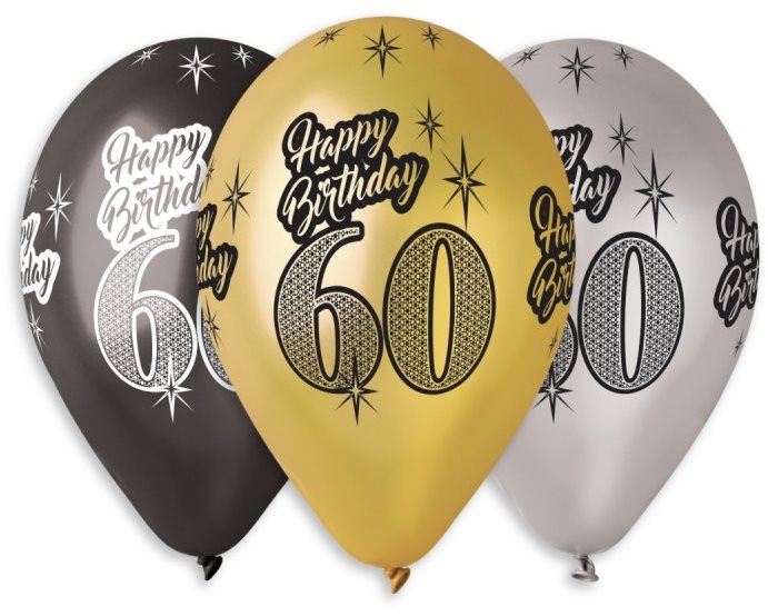 SMART BALLOONS Nafukovacie balóniky, 30 cm, Happy Birthday „60“, mix farieb, 5 ks