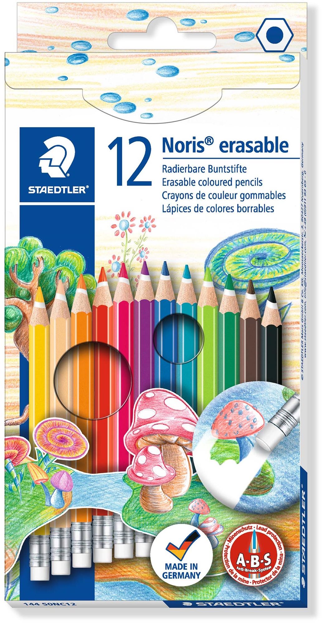 STAEDTLER „Noris Club“ Farebné pastelky s gumou, 12 farieb, šesťhranné