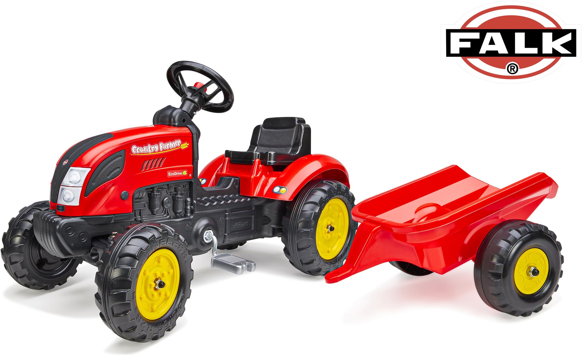 Falk šliapací traktor 2058L Country Farmer s vlečkou – červený
