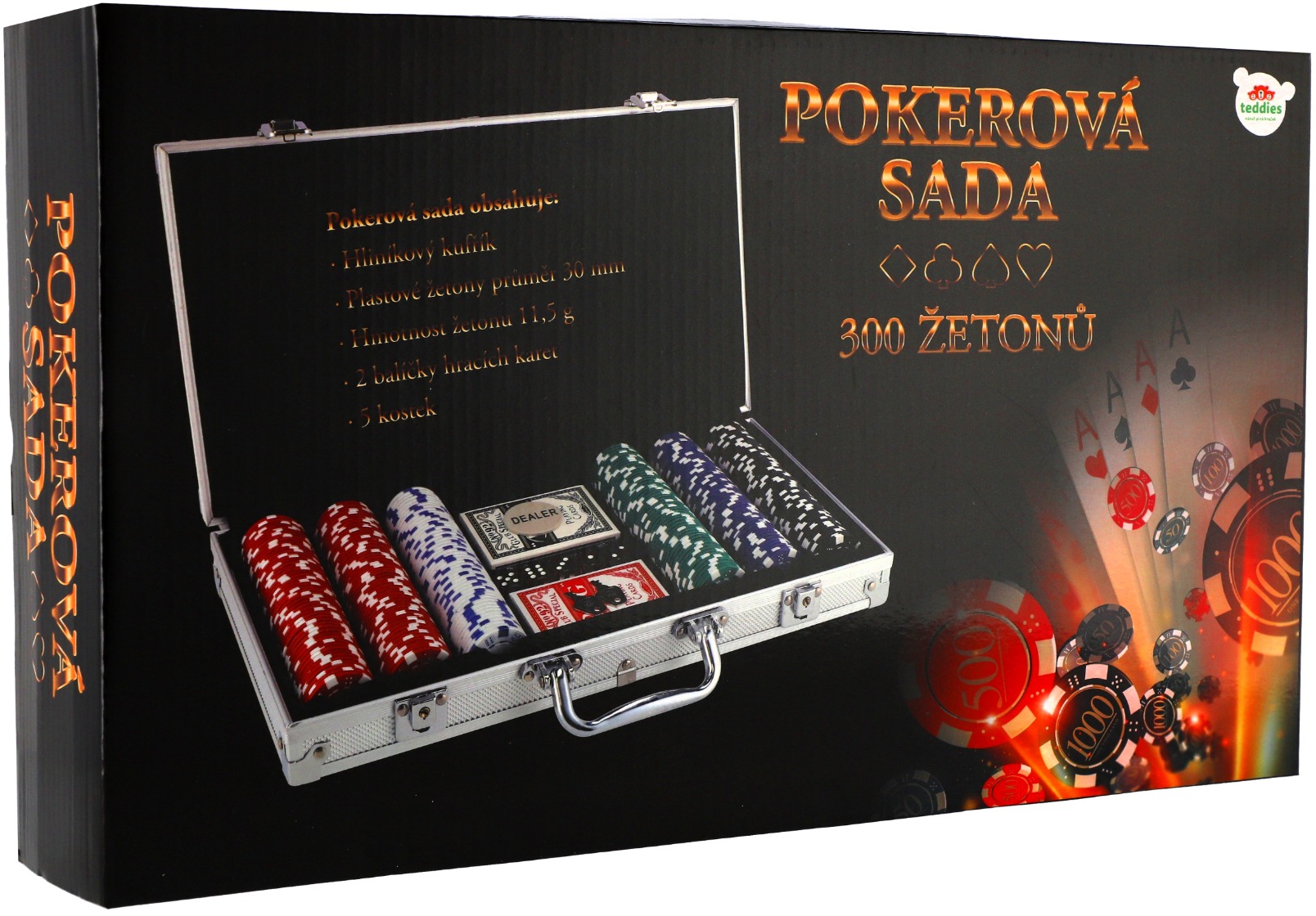 Teddies Poker sada 300 ks + karty + kocky v hliníkovom kufríku