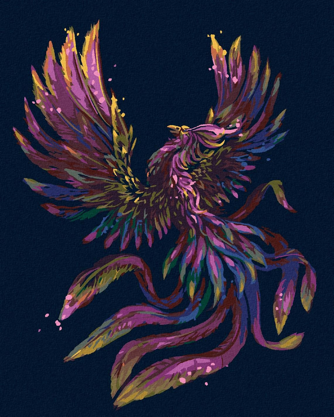 Maľovanie podľa čísel – Farebný Fénix, 40 × 50 cm, bez rámu a bez napnutého plátna
