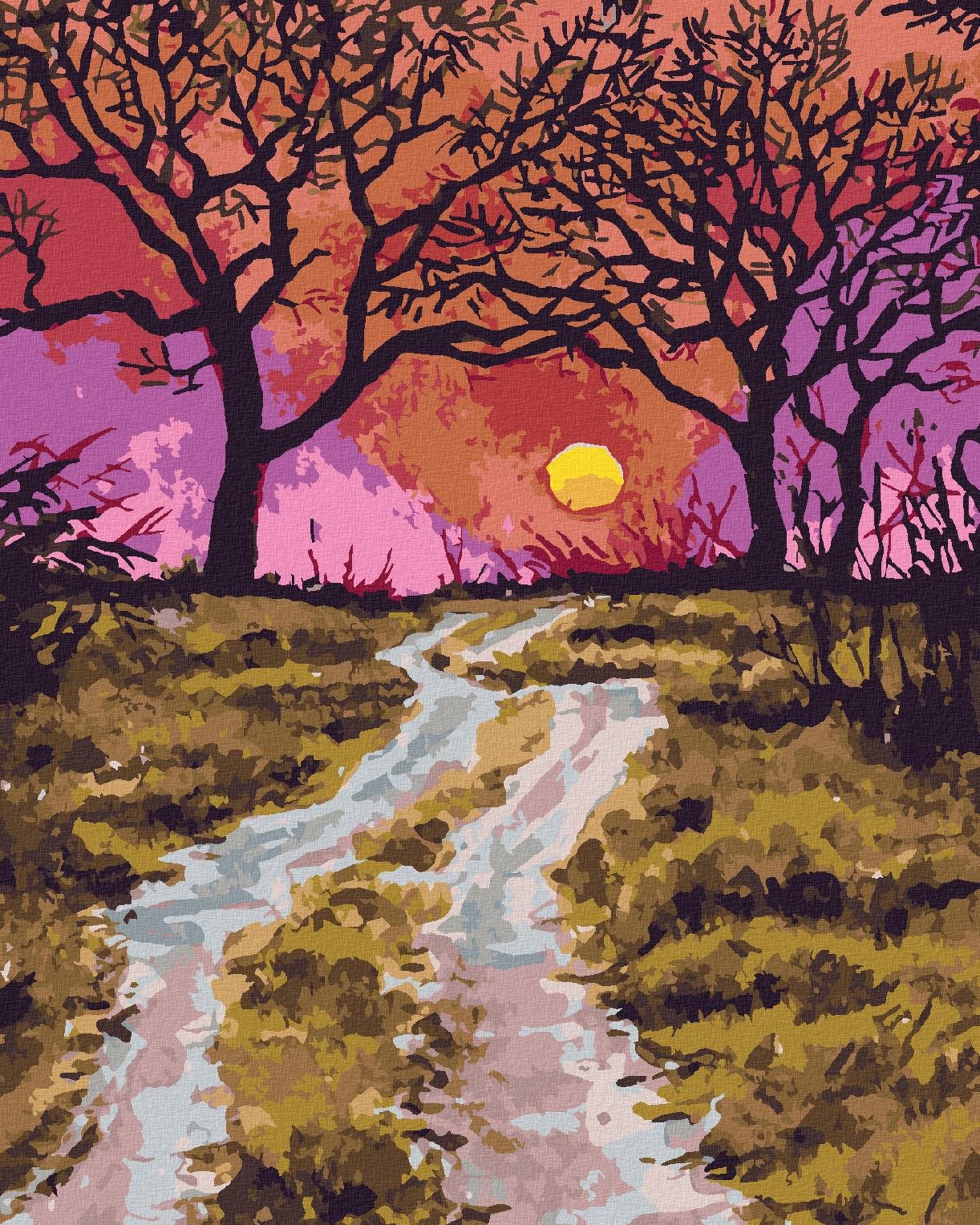 Maľovanie podľa čísel – Cestička na jeseň a západ slnka, 40 × 50 cm, napnuté plátno na rám