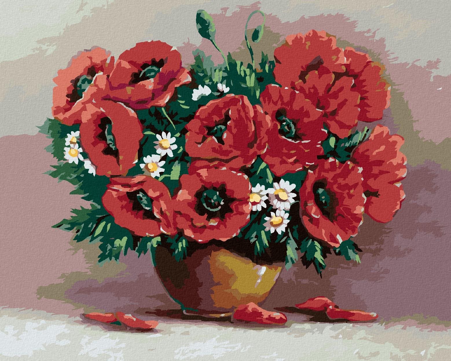 Maľovanie podľa čísel – Červené kvety v hnedej váze, 40 × 50 cm, napnuté plátno na rám