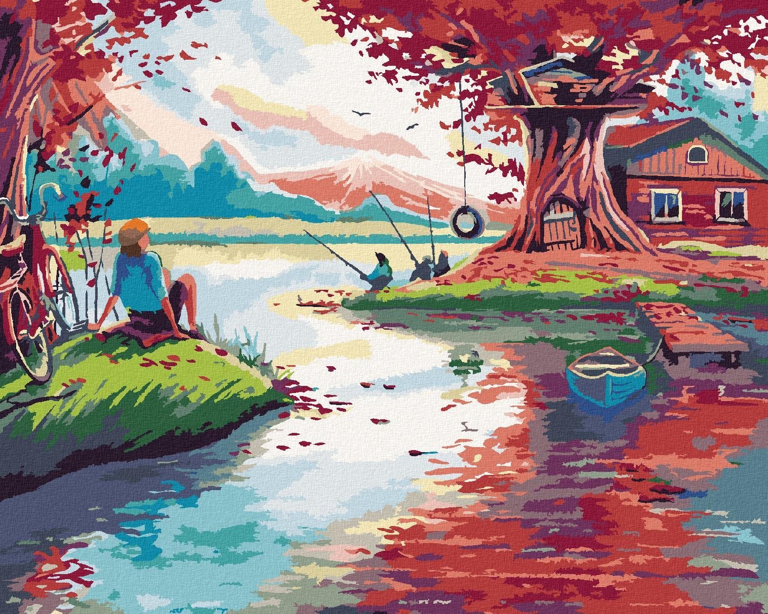 Maľovanie podľa čísel – Červený les, 40 × 50 cm, bez rámu a bez napnutého plátna