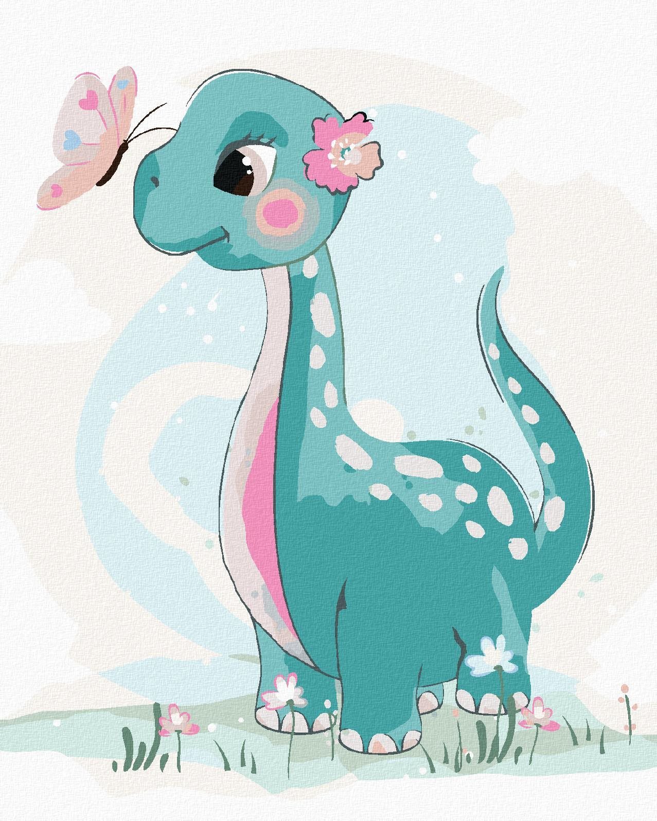 Maľovanie podľa čísel – Dinosaurus s motýlikom, 40 × 50 cm, bez rámu a bez napnutého plátna